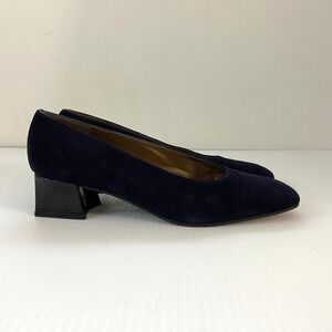 Stuart Weitzman Black Suede Leather Square Toe Low Block Heel Pumps Womens 7.5AA